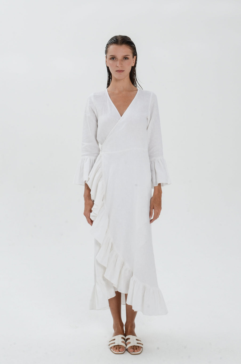 The Essence Linen Dress - Long Sleeves with Ruffle Detail