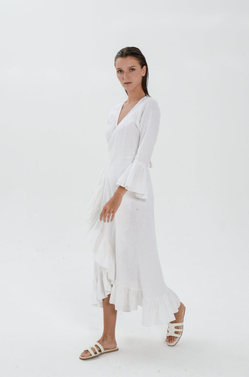 The Essence Linen Dress - Long Sleeves with Ruffle Detail