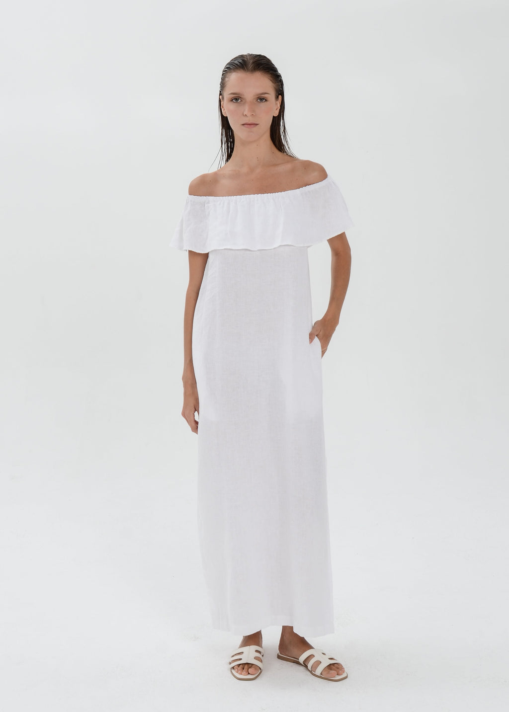 Essence Linen Dress -  Off Shoulder with Ruffle Detail