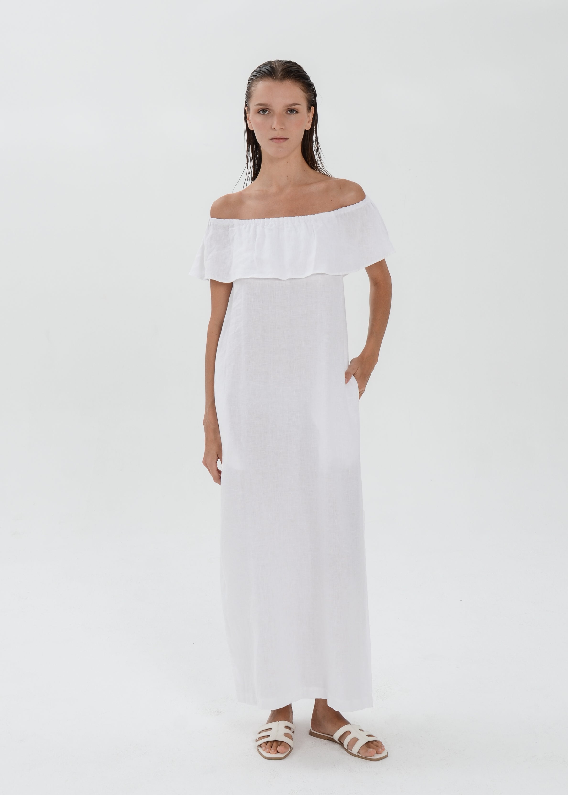 Essence Linen Dress -  Off Shoulder with Ruffle Detail