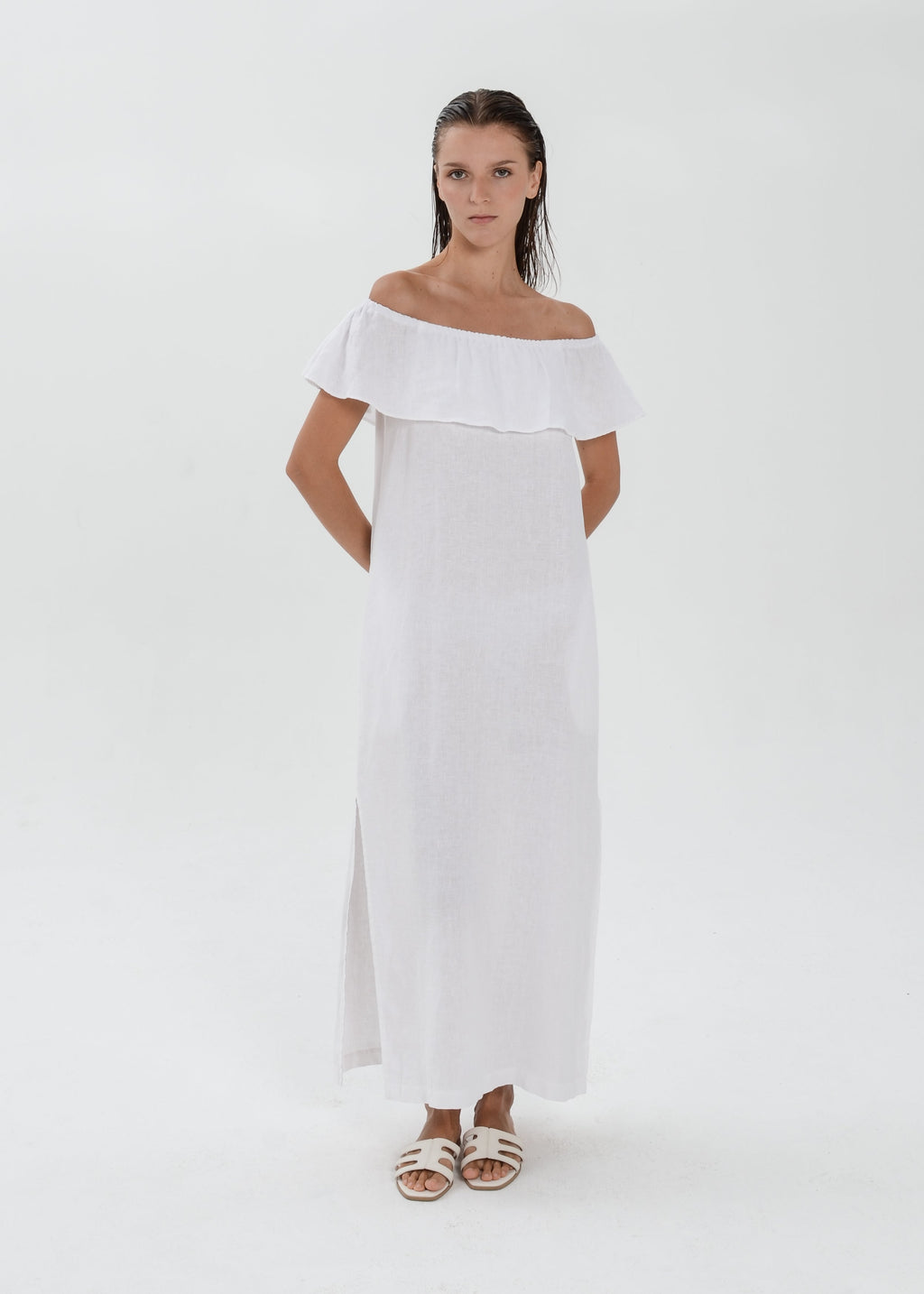 Essence Linen Dress -  Off Shoulder with Ruffle Detail