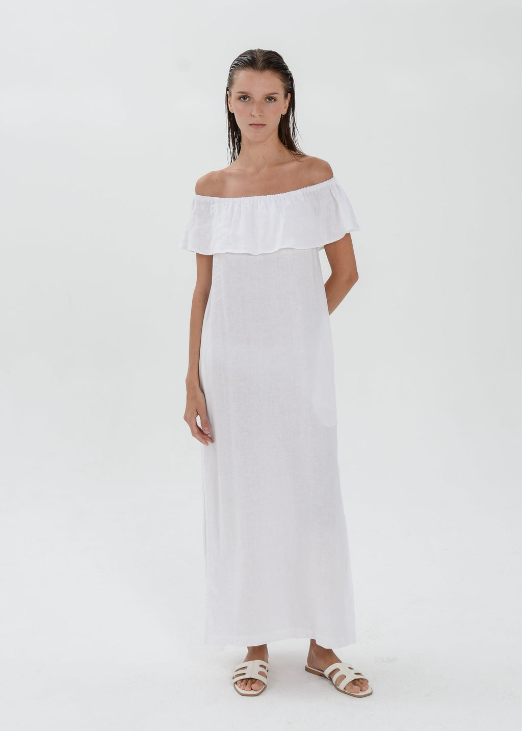 Essence Linen Dress -  Off Shoulder with Ruffle Detail