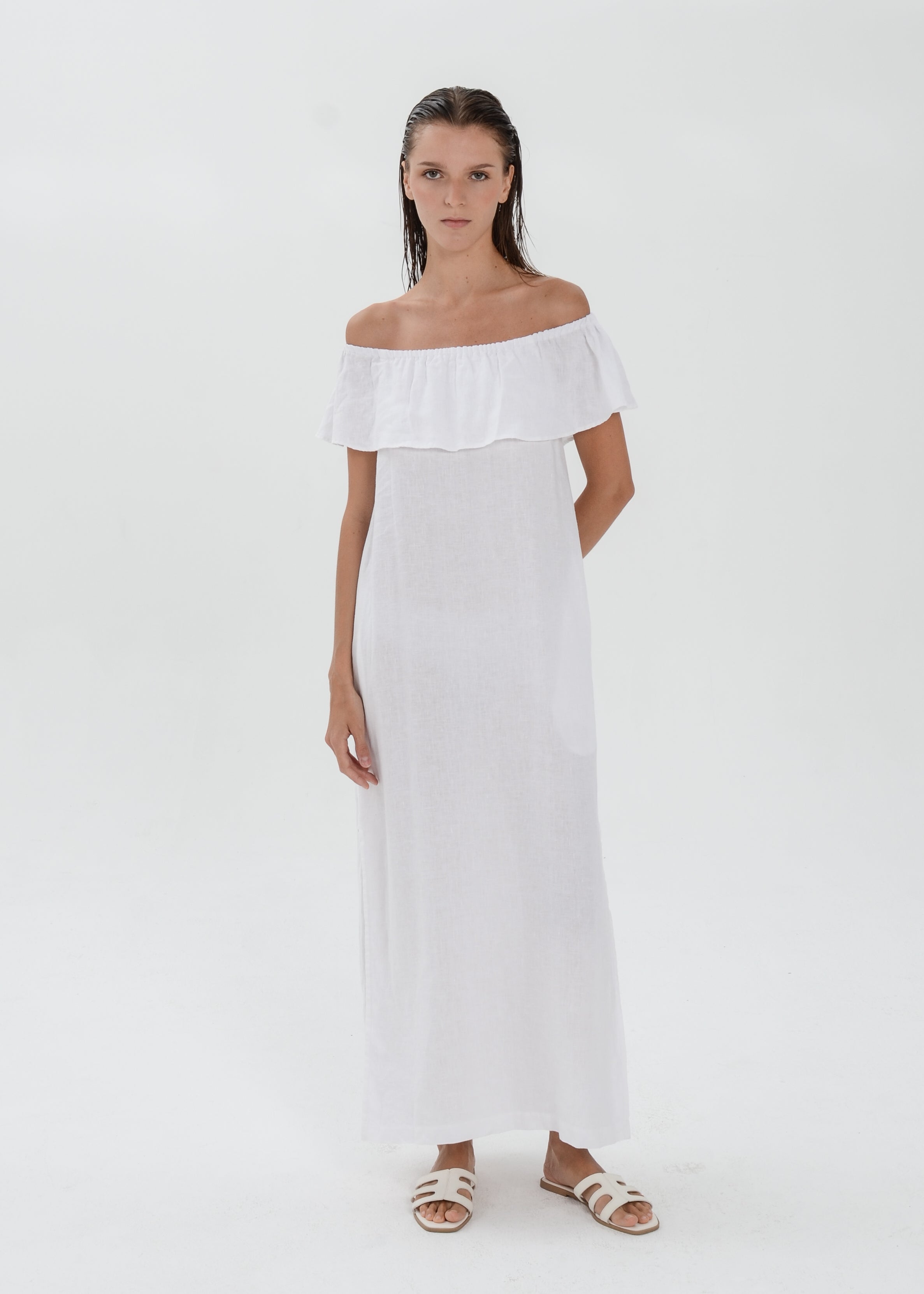 Essence Linen Dress -  Off Shoulder with Ruffle Detail