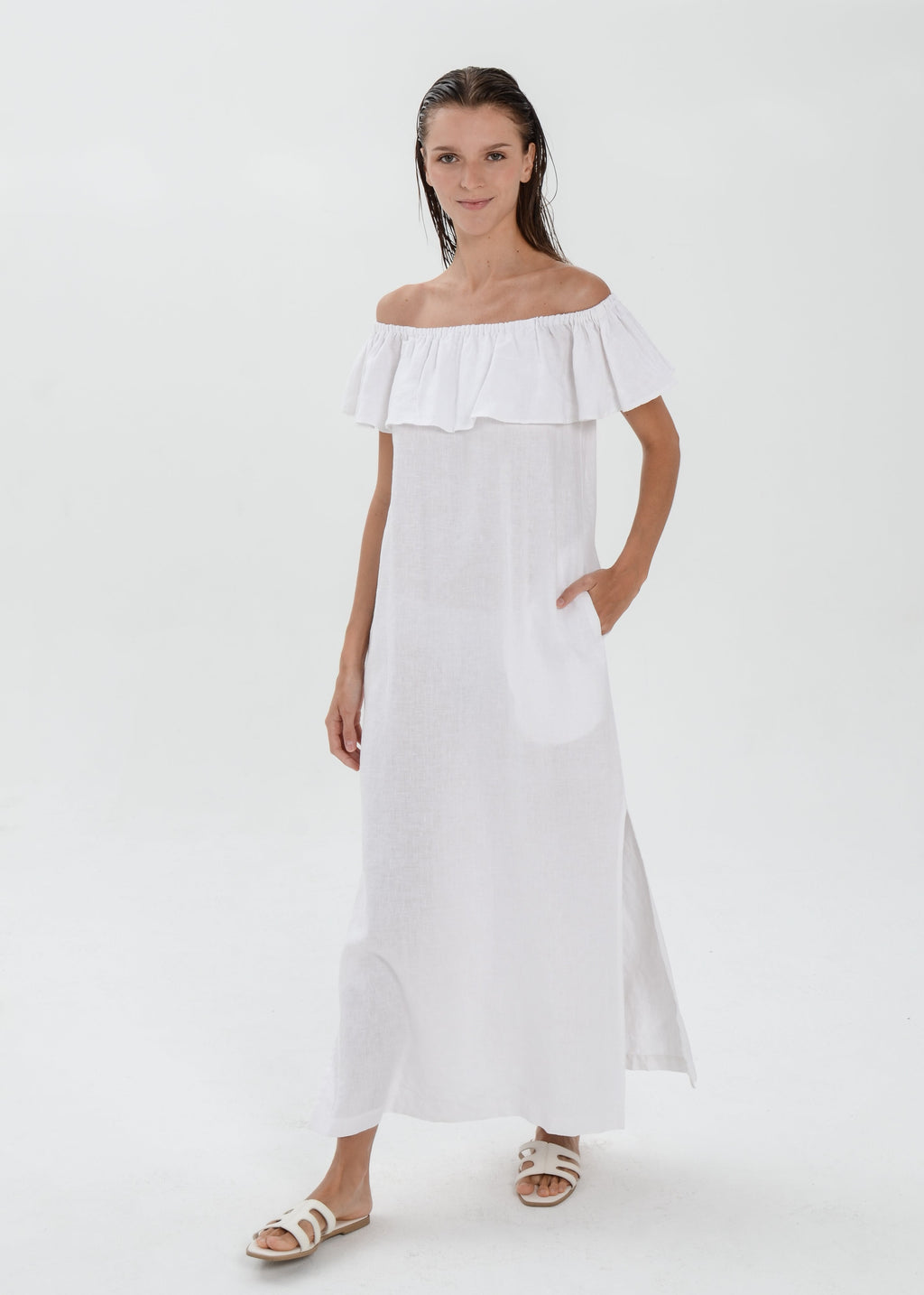 Essence Linen Dress -  Off Shoulder with Ruffle Detail