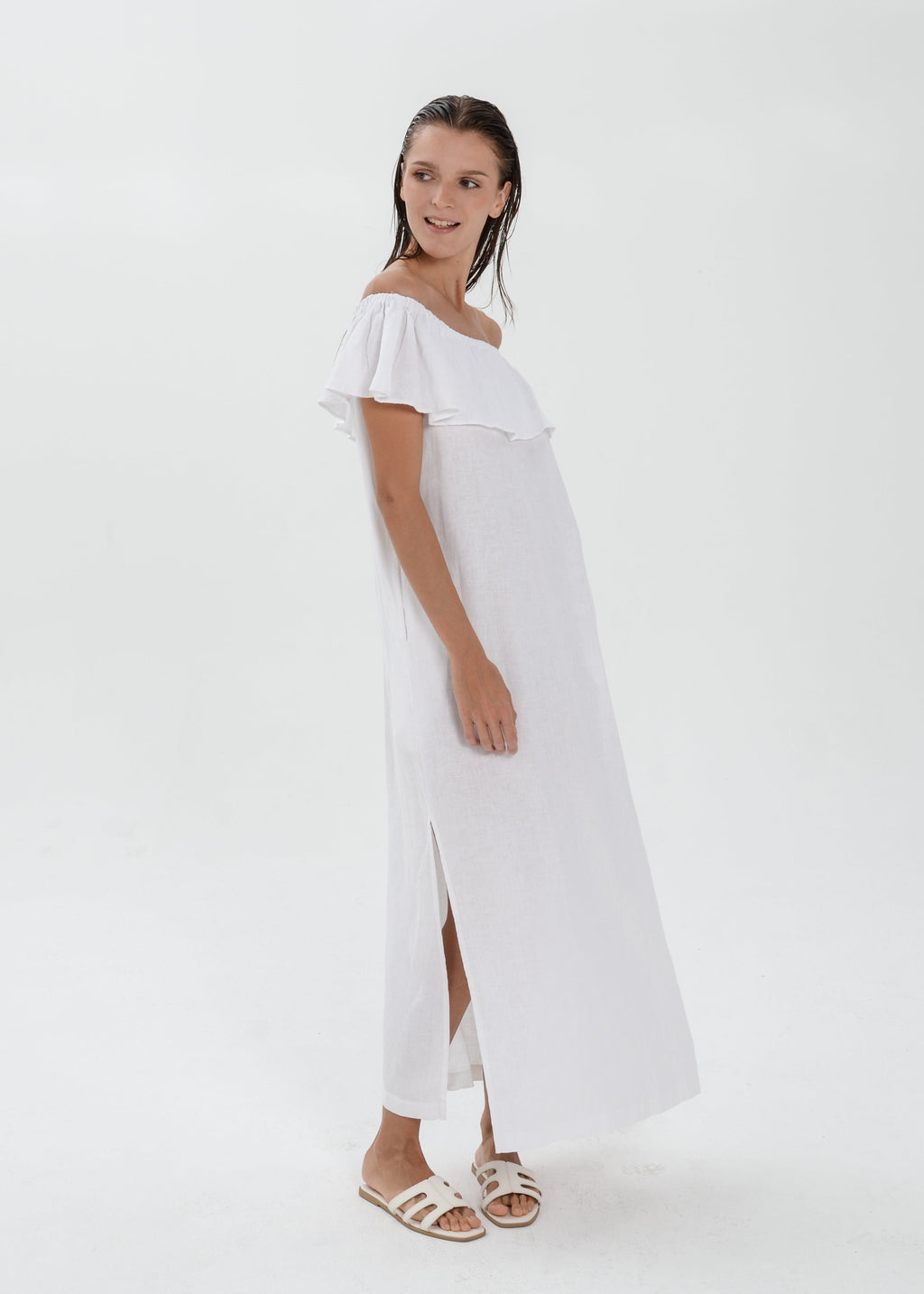 Essence Linen Dress -  Off Shoulder with Ruffle Detail