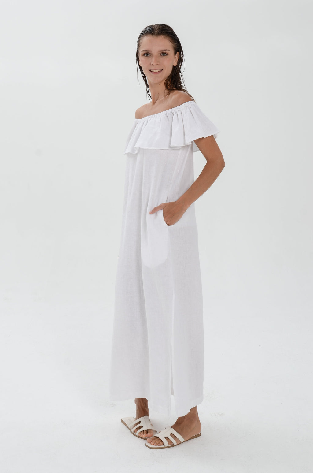 Essence Linen Dress -  Off Shoulder with Ruffle Detail