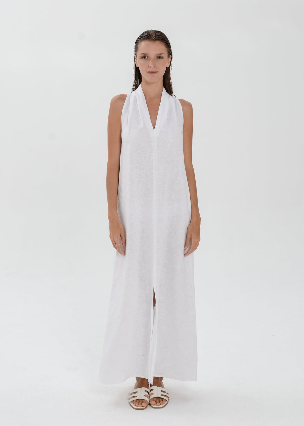 The Essence Linen Dress -  Sleeveless Long Dress with Front Slit