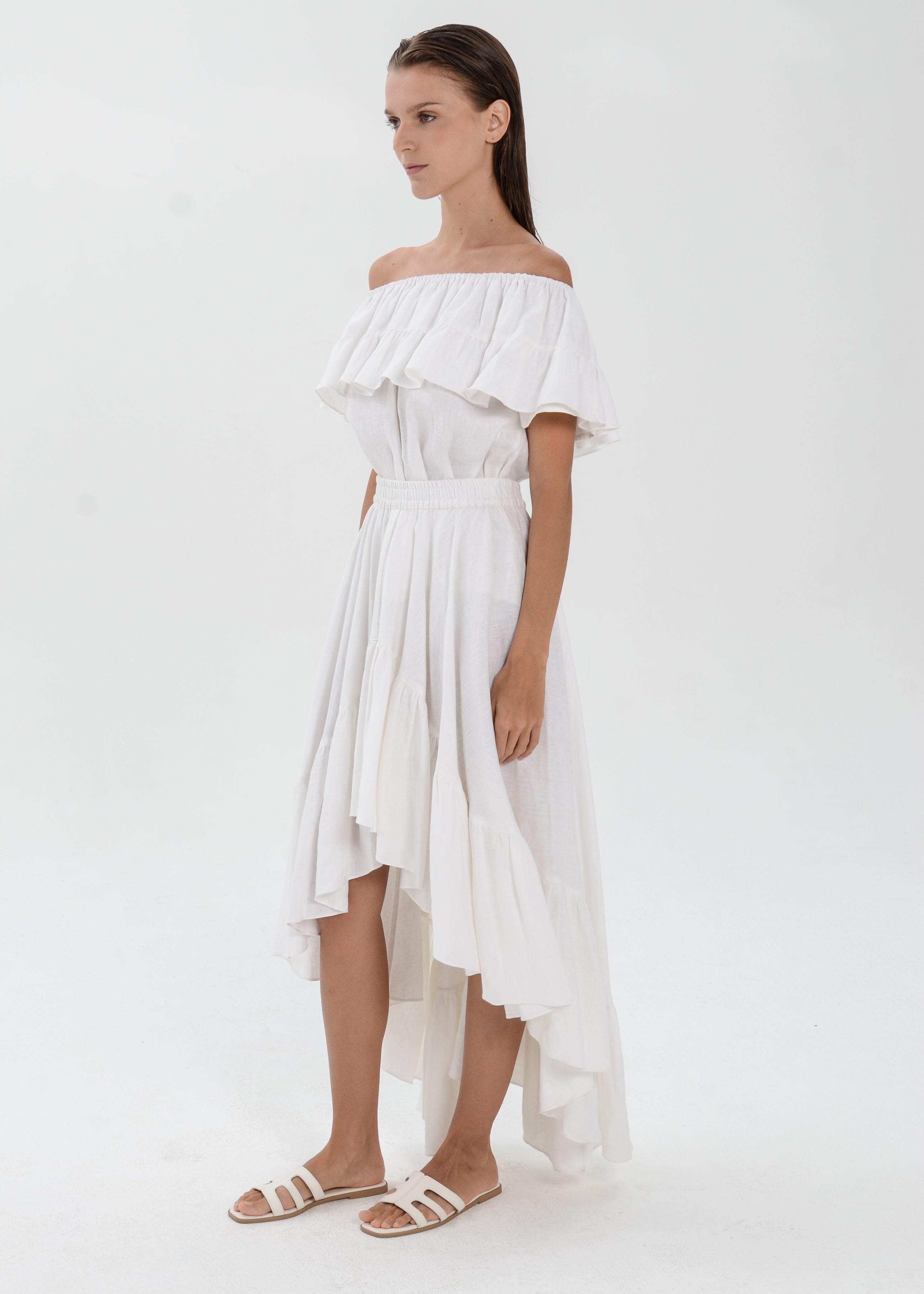 The Essence Linen Set - Mullet Skirt and Ruffle Off Shoulder Blouse