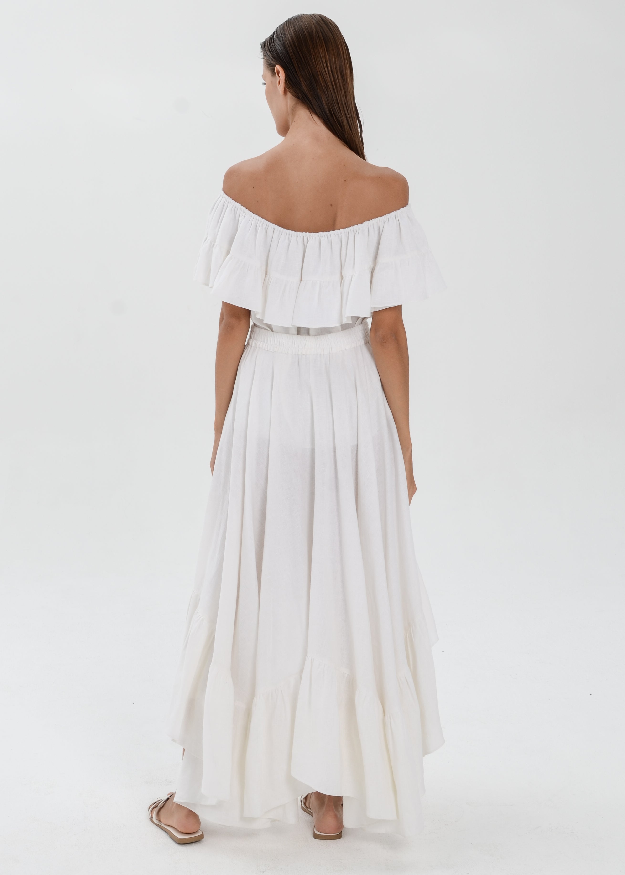 The Essence Linen Set - Mullet Skirt and Ruffle Off Shoulder Blouse