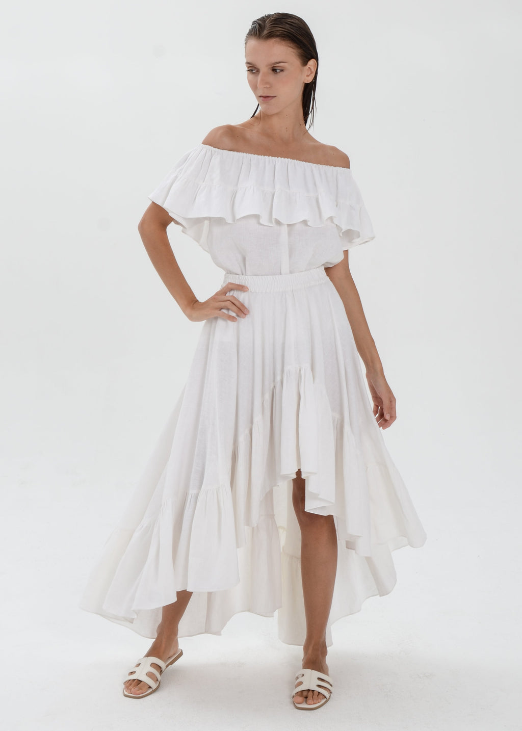 The Essence Linen Set - Mullet Skirt and Ruffle Off Shoulder Blouse