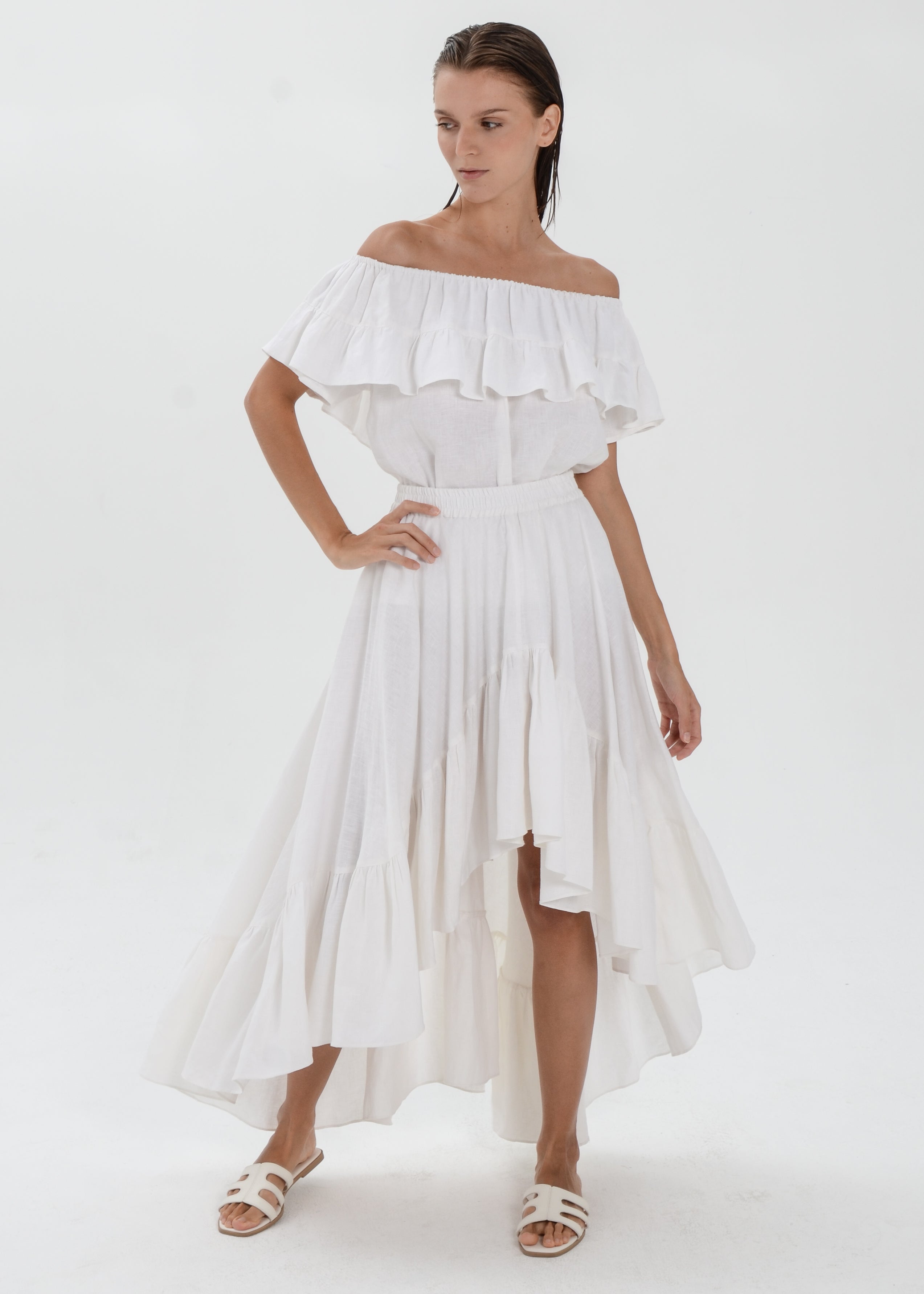 The Essence Linen Set - Mullet Skirt and Ruffle Off Shoulder Blouse
