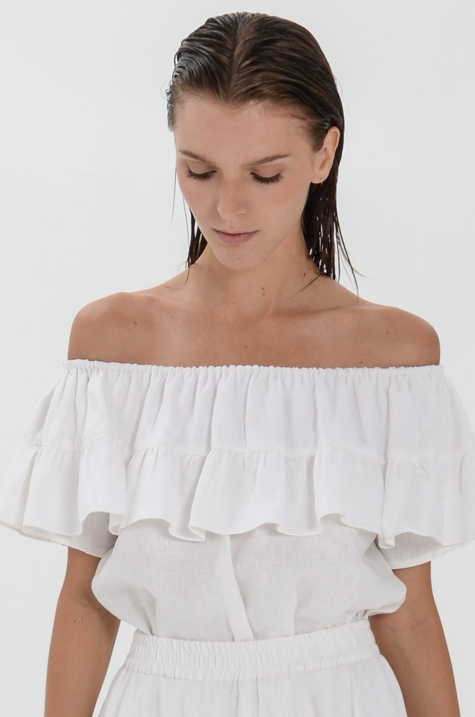 The Essence Linen Set - Mullet Skirt and Ruffle Off Shoulder Blouse
