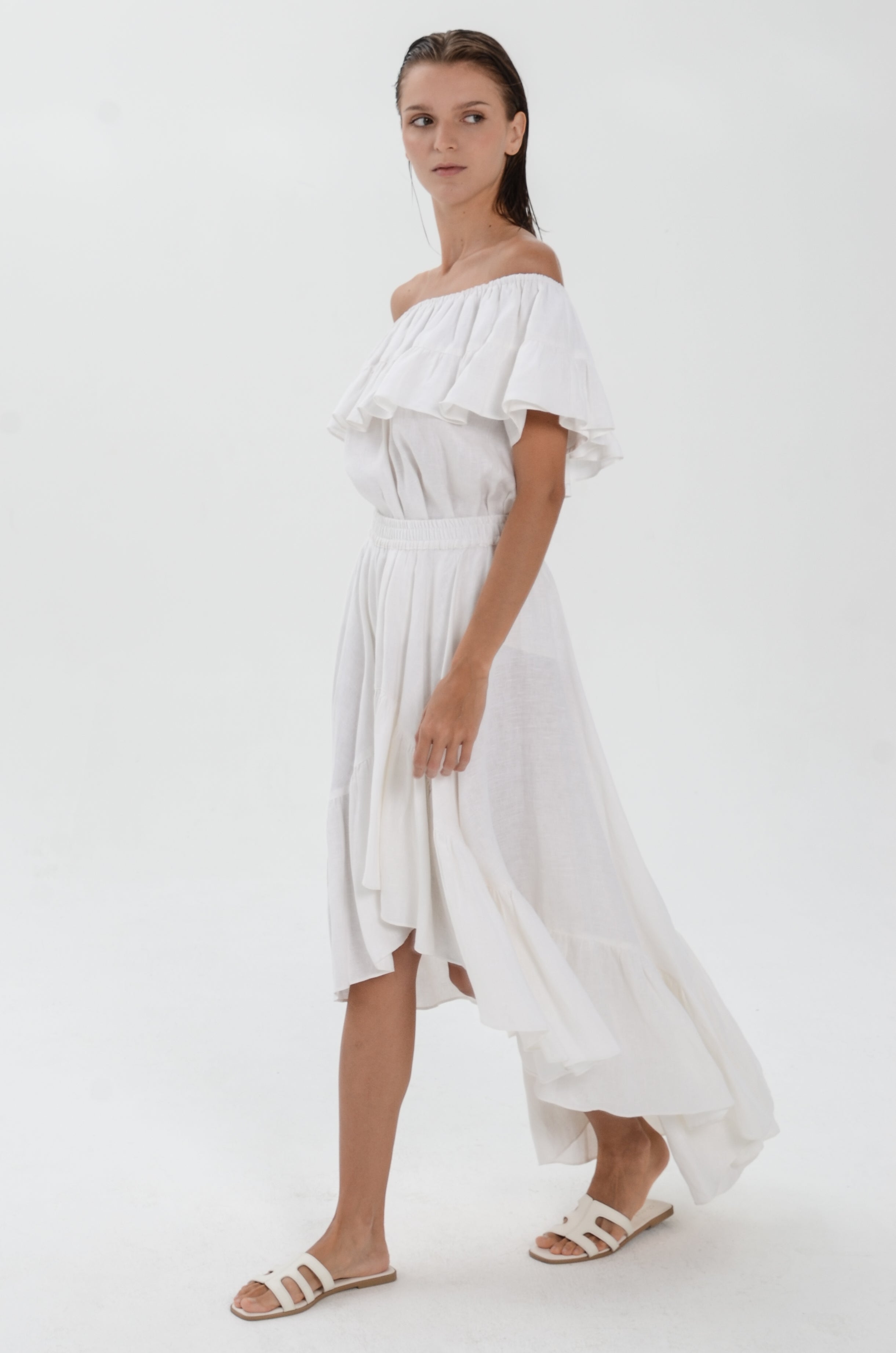 The Essence Linen Set - Mullet Skirt and Ruffle Off Shoulder Blouse