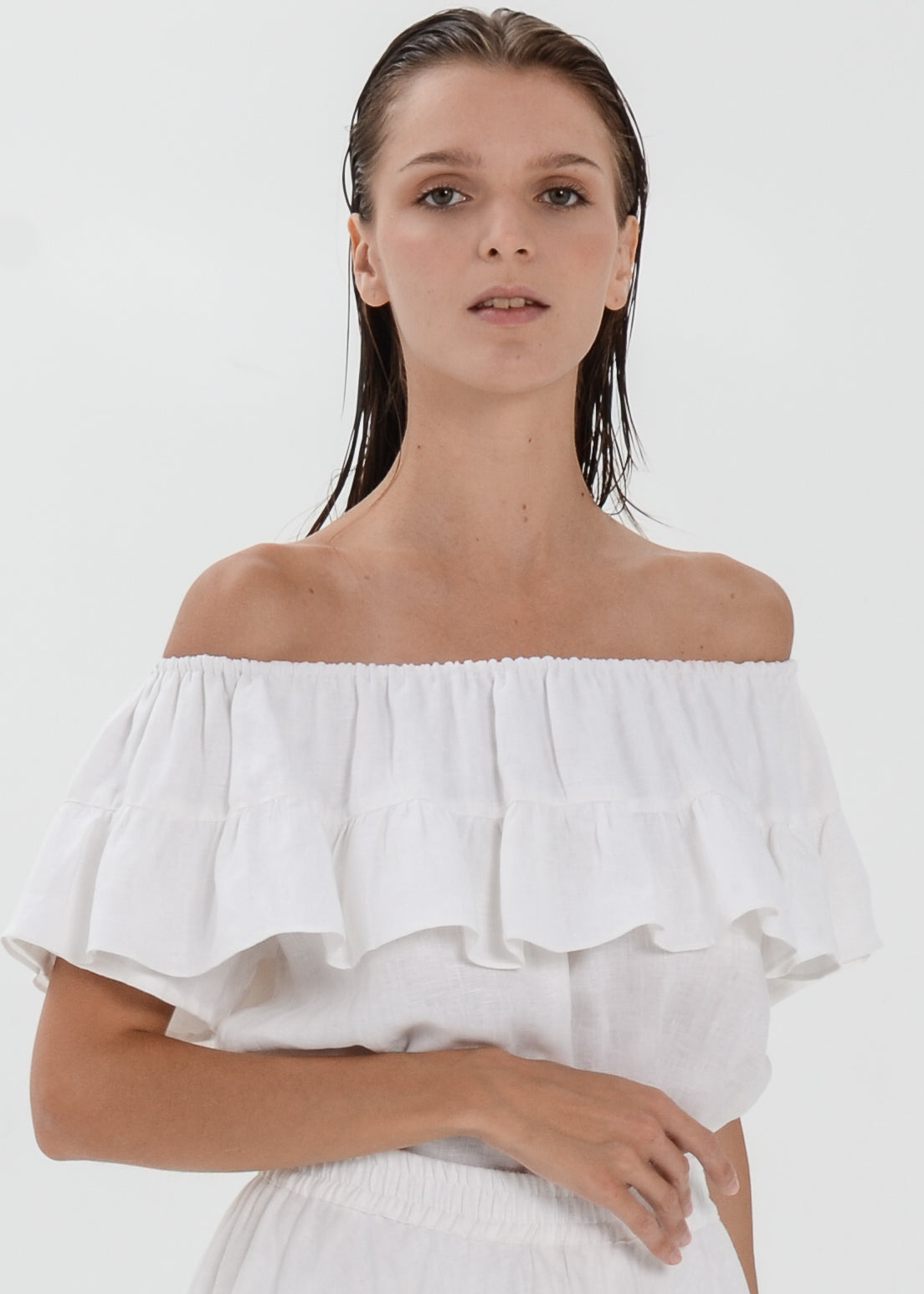 The Essence Linen Set - Mullet Skirt and Ruffle Off Shoulder Blouse