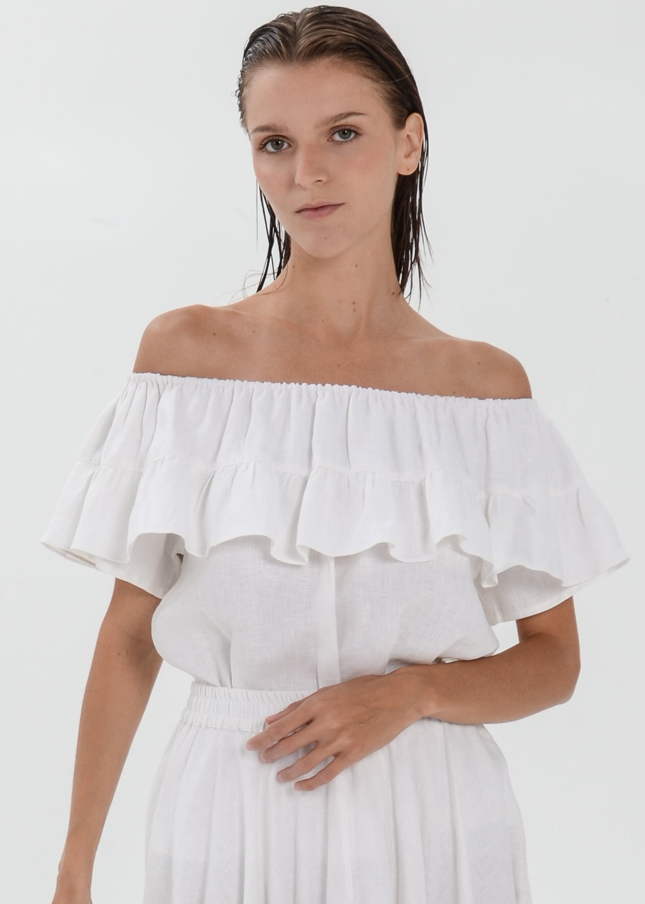 Flo Linen Top - Ruffle Off Shoulder Blouse