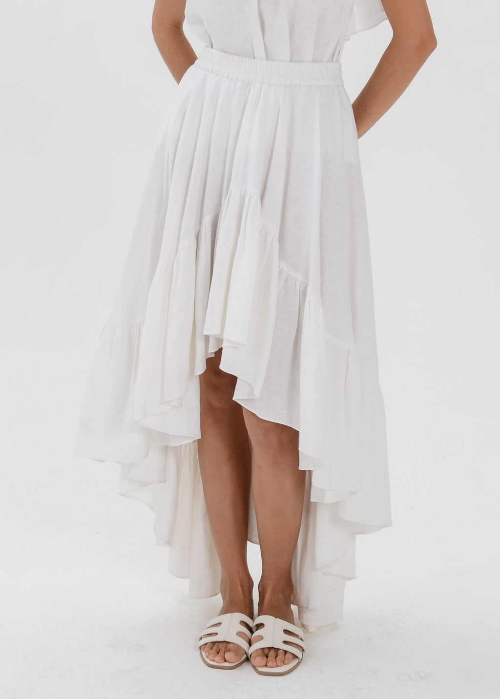 The Essence Linen Set - Mullet Skirt and Ruffle Off Shoulder Blouse