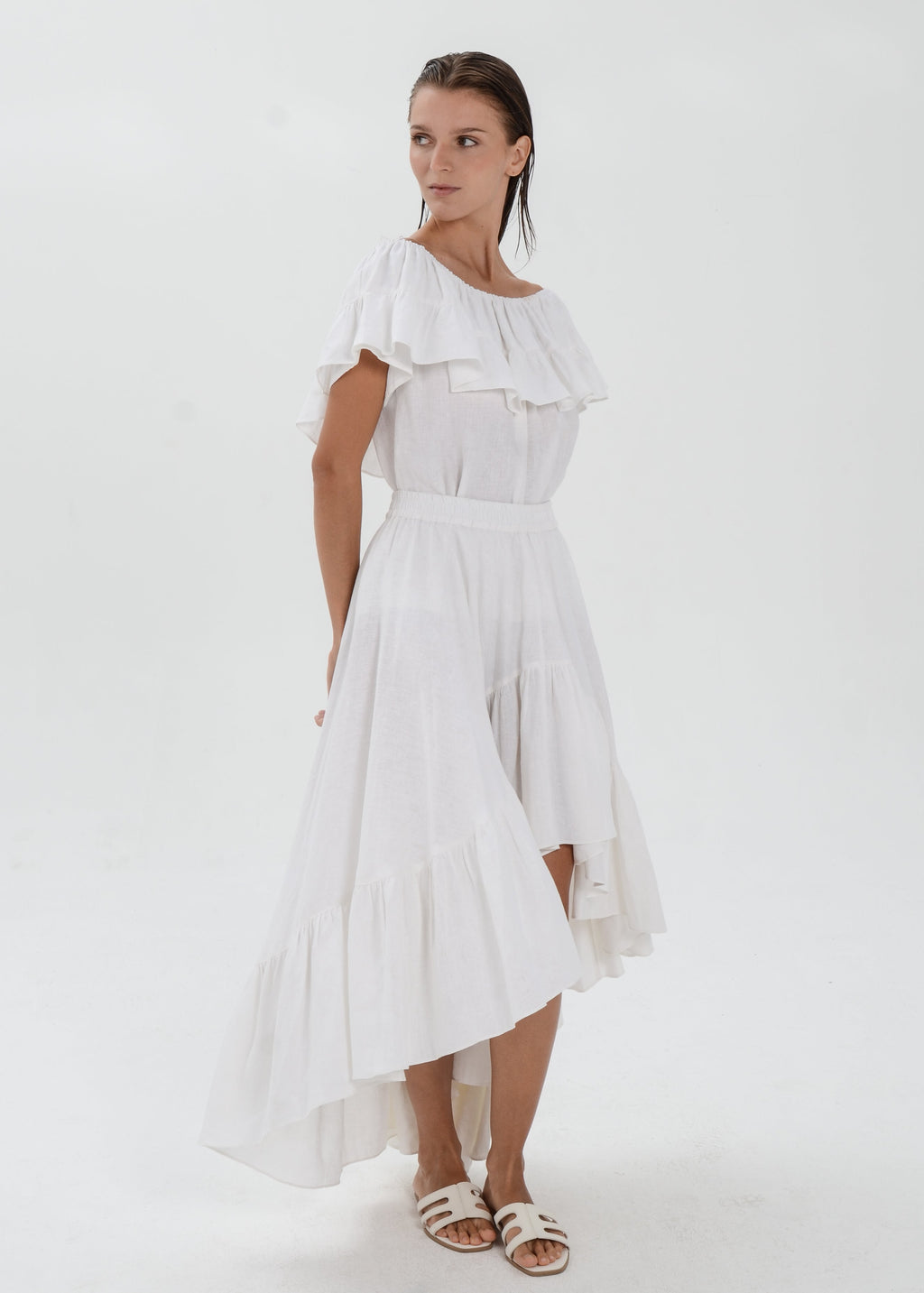 The Essence Linen Set - Mullet Skirt and Ruffle Off Shoulder Blouse