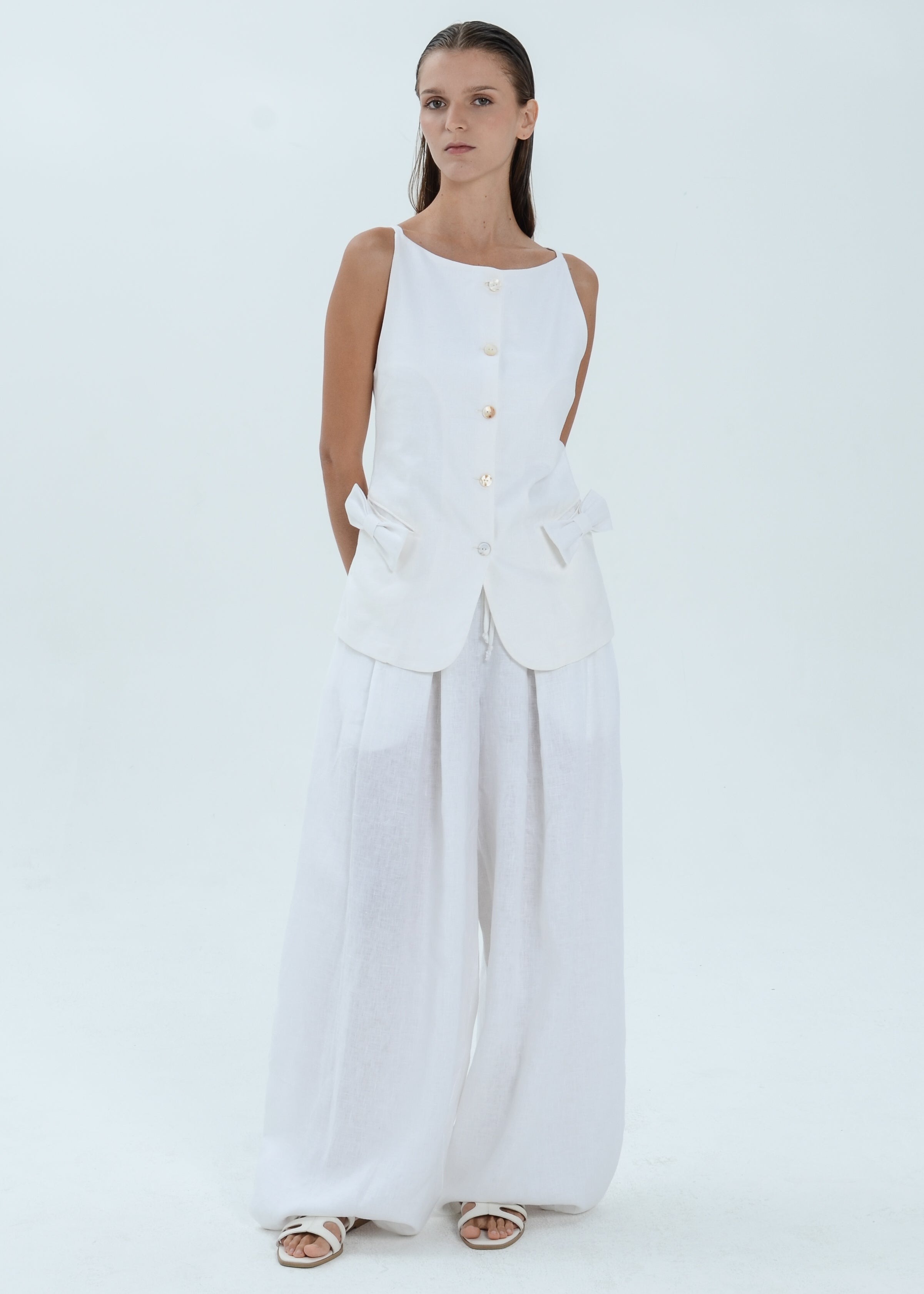Bella Linen Top - Ribbon Pocket Vest