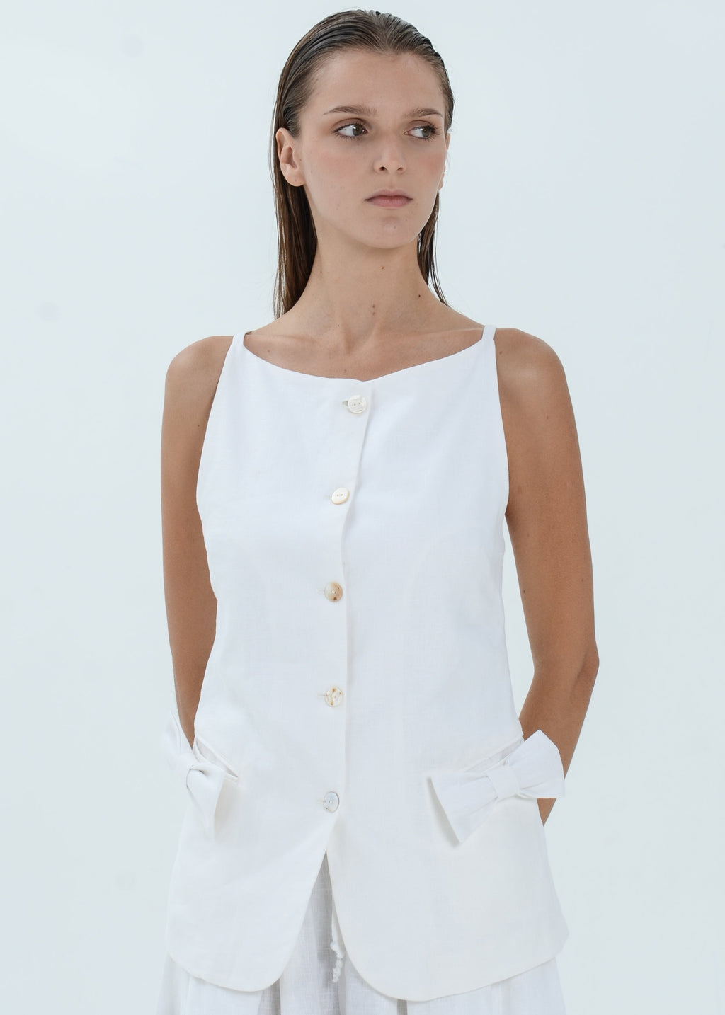 Bella Linen Top - Ribbon Pocket Vest