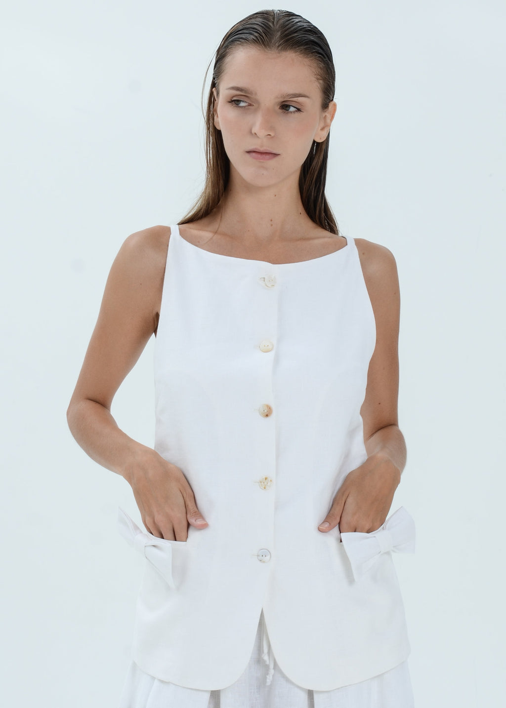 Bella Linen Top - Ribbon Pocket Vest