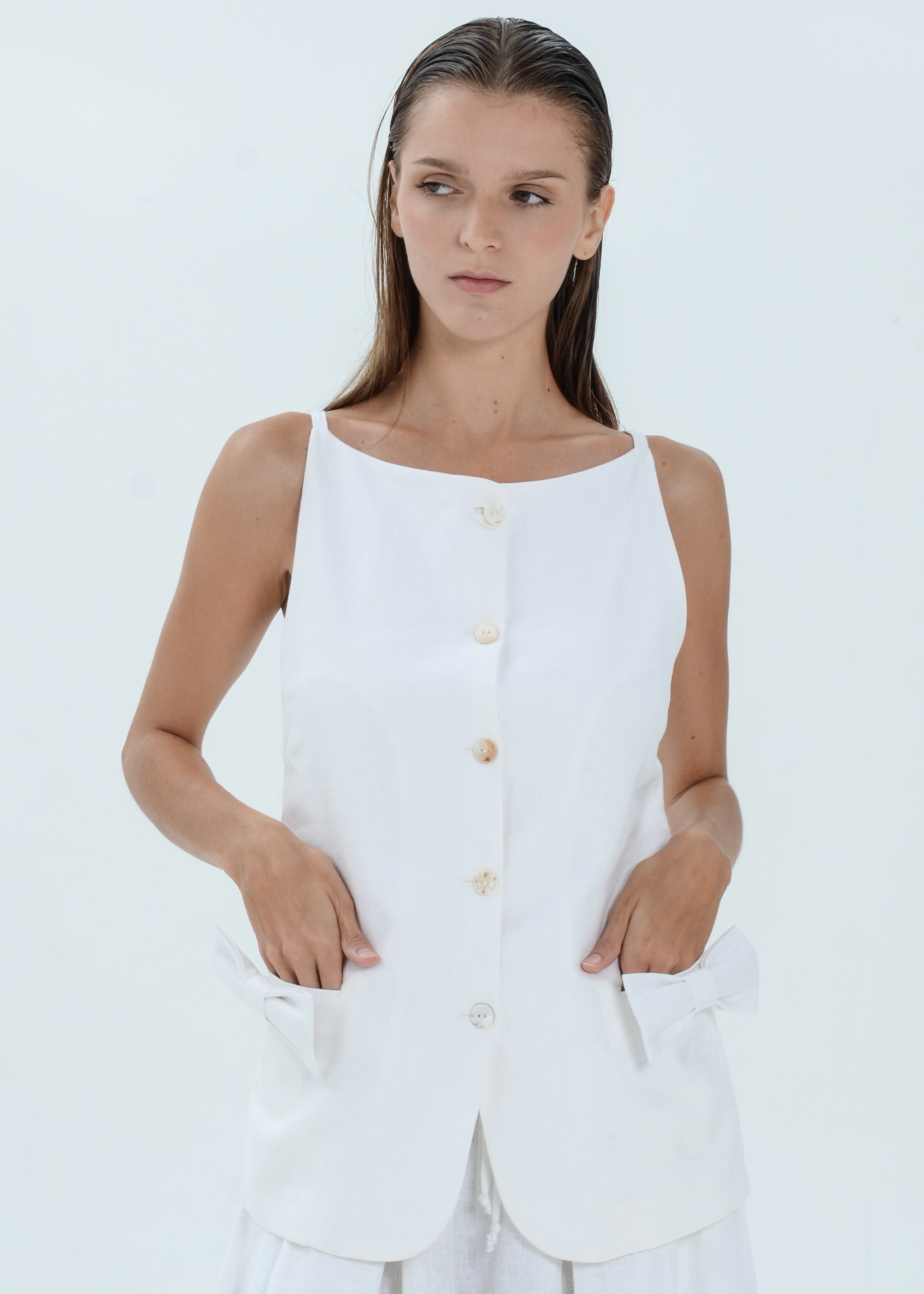 Bella Linen Top - Ribbon Pocket Vest