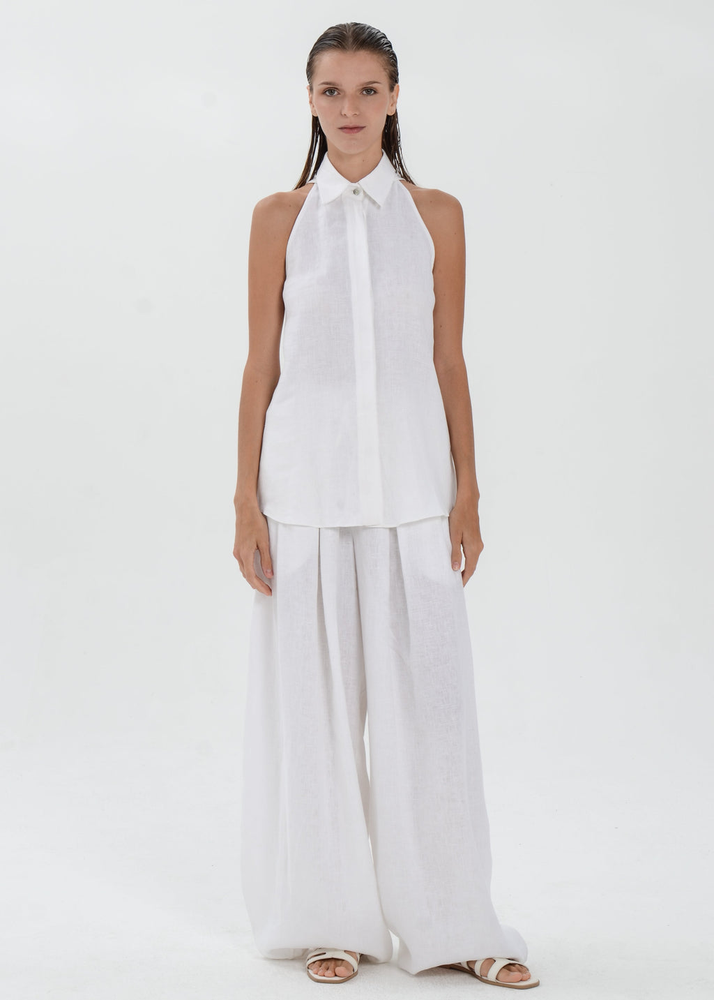 Deya Linen Top - Collared Blouse with Single Neck Button