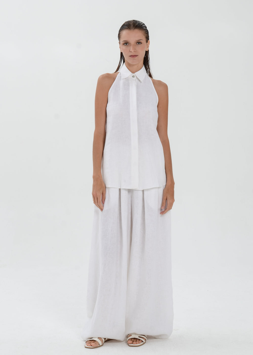 Deya Linen Top - Collared Blouse with Single Neck Button
