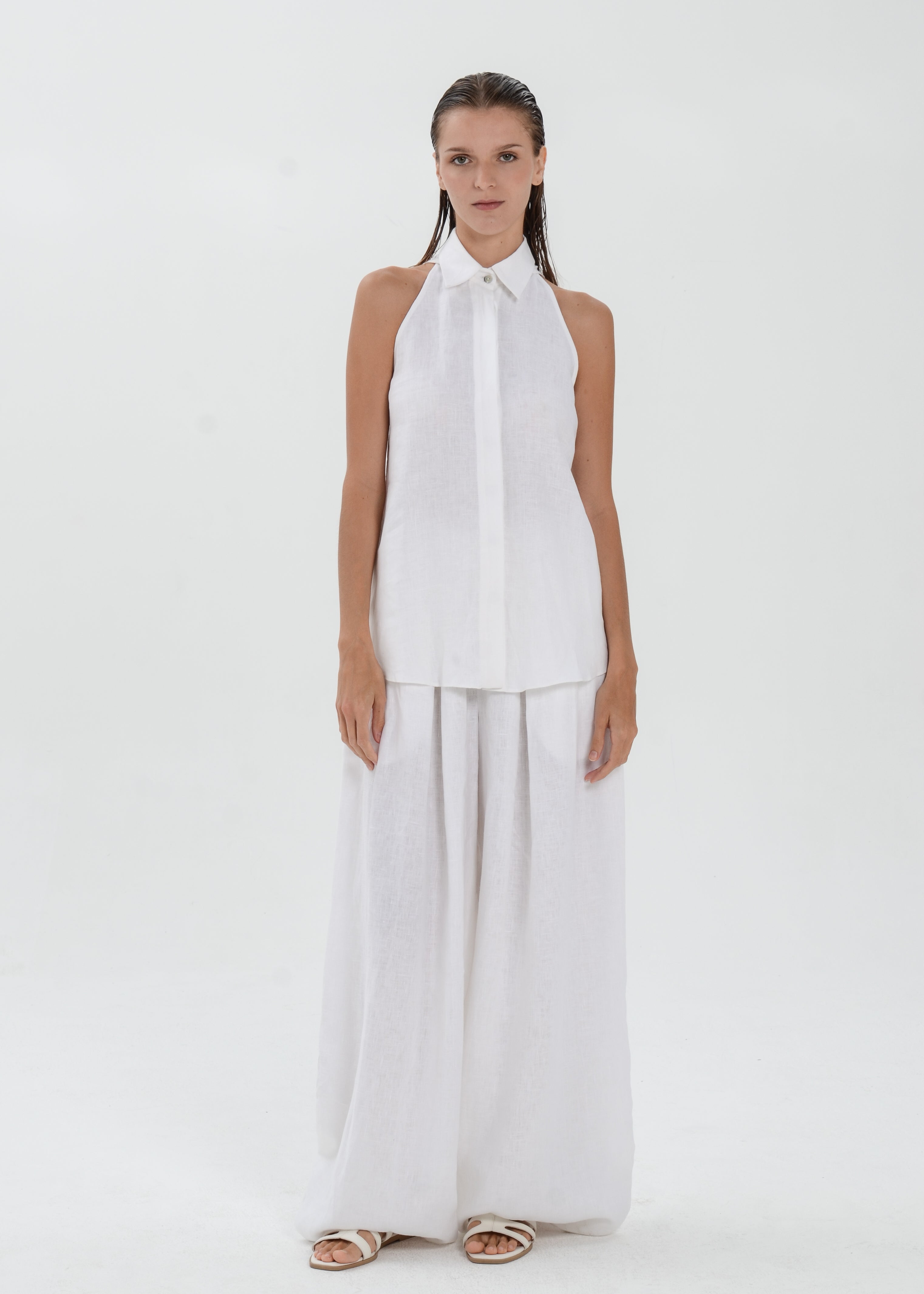 Deya Linen Top - Collared Blouse with Single Neck Button