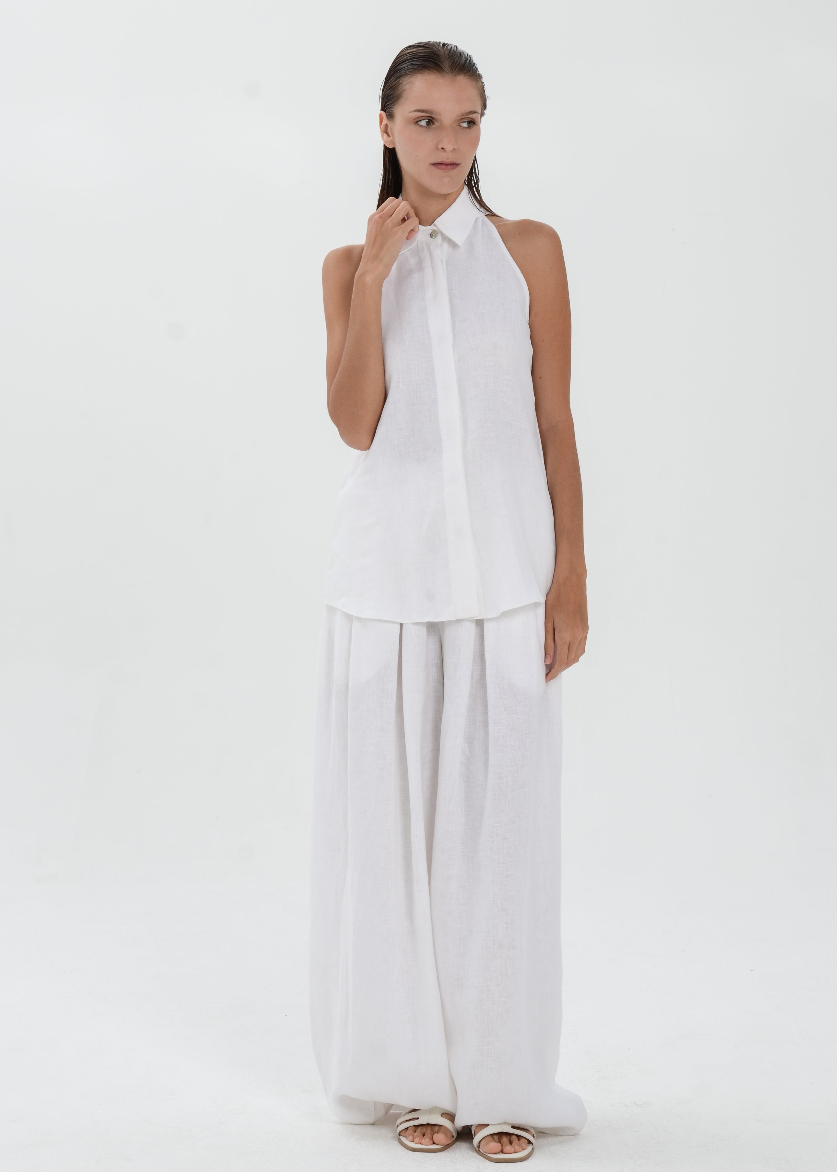 Deya Linen Top - Collared Blouse with Single Neck Button