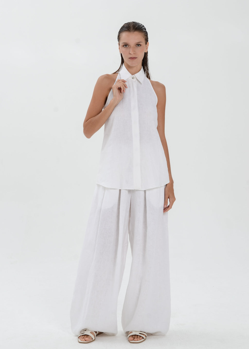 Deya Linen Top - Collared Blouse with Single Neck Button