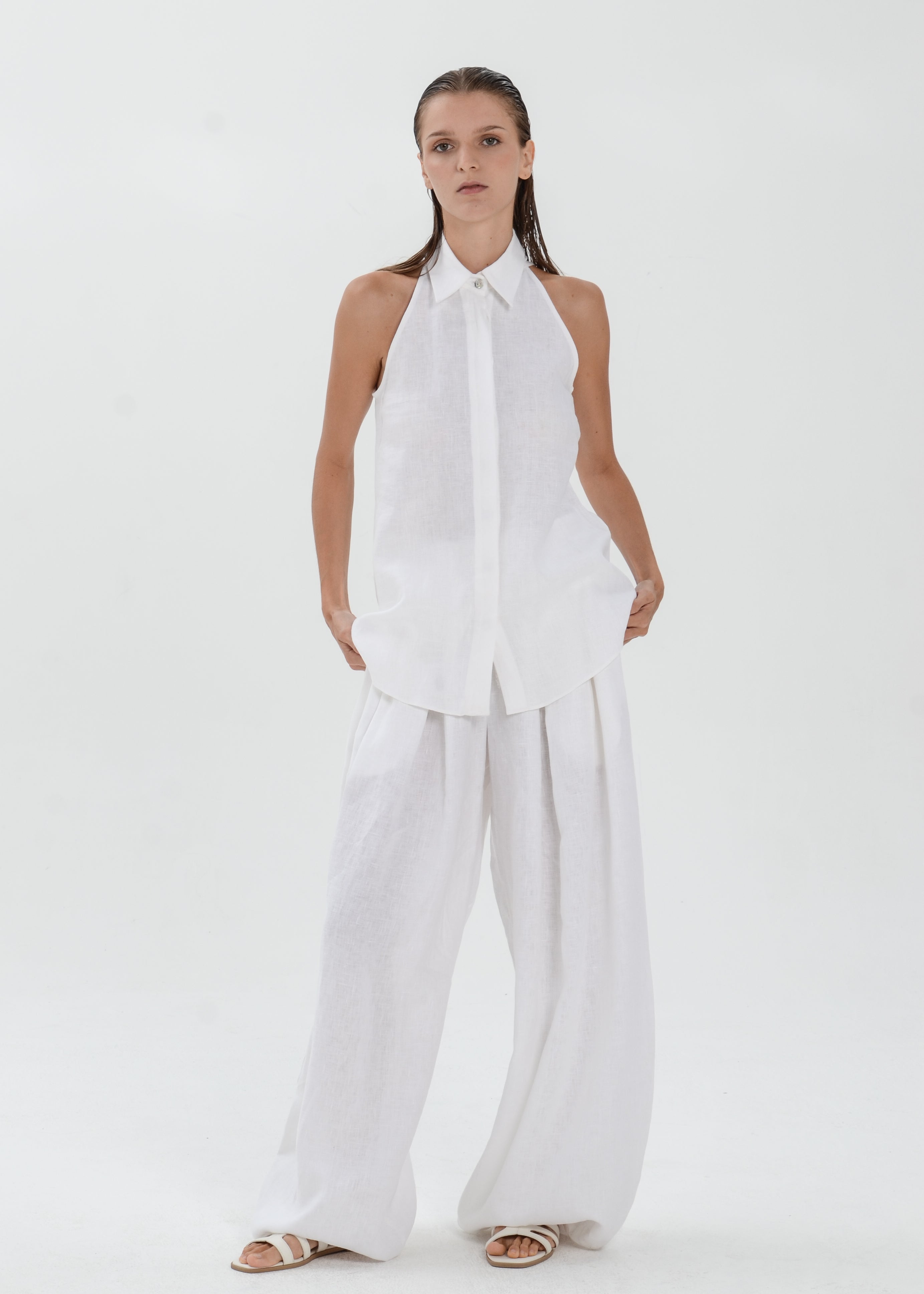 Deya Linen Top - Collared Blouse with Single Neck Button