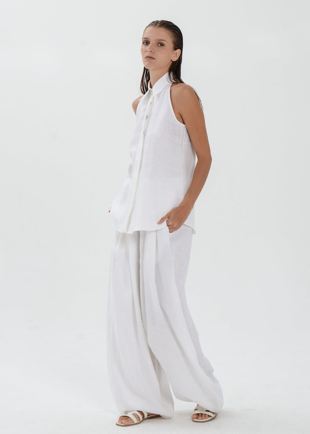 Deya Linen Top - Collared Blouse with Single Neck Button