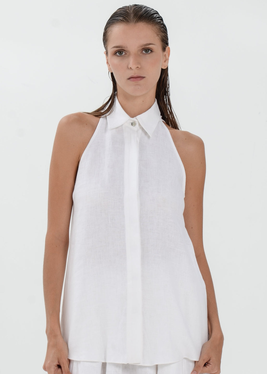 Deya Linen Top - Collared Blouse with Single Neck Button