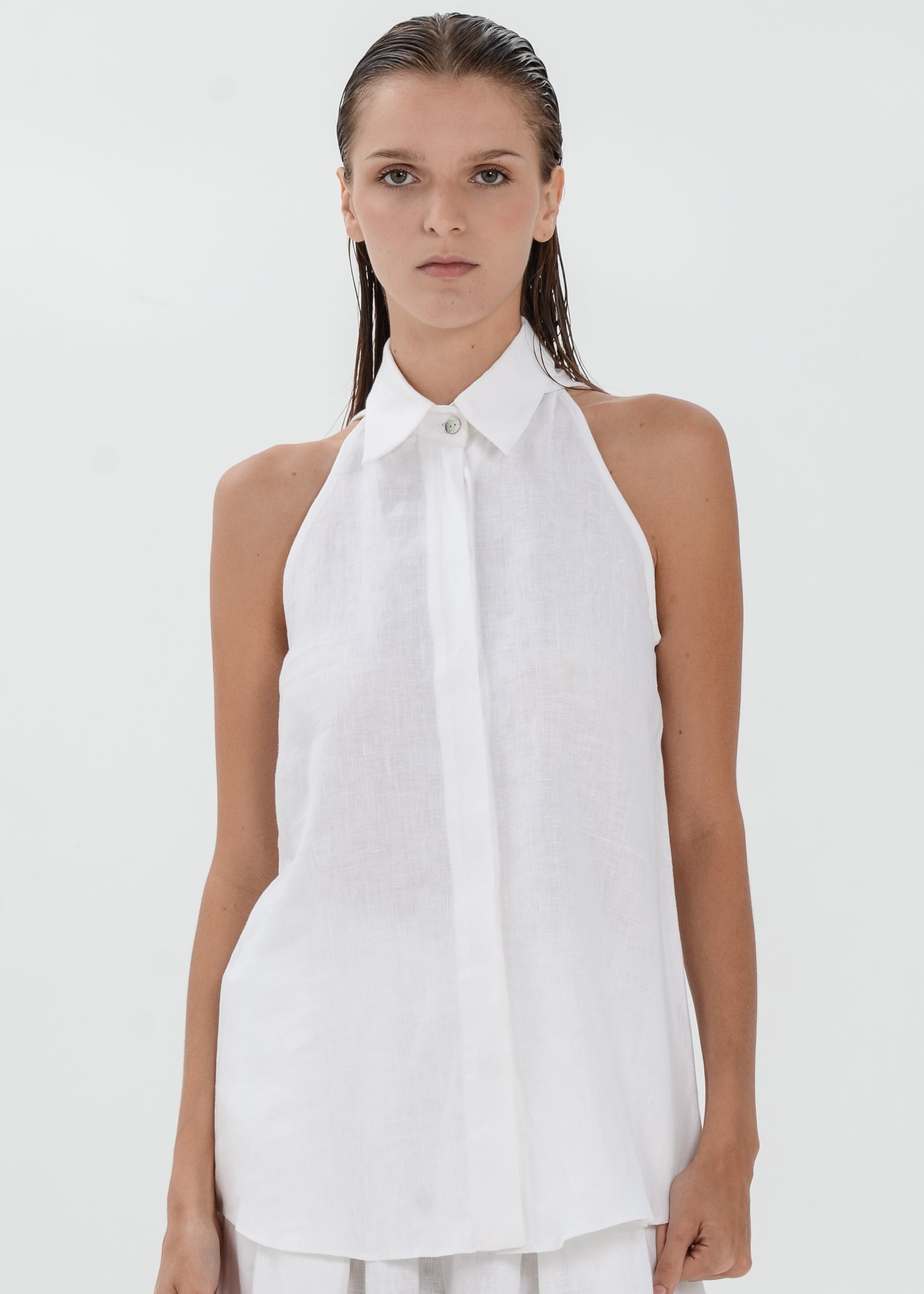 Deya Linen Top - Collared Blouse with Single Neck Button