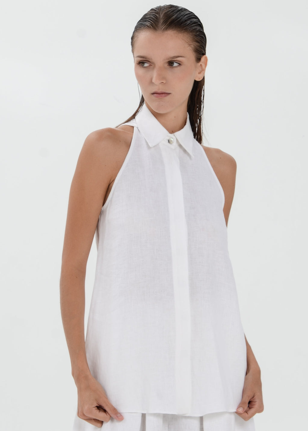 Deya Linen Top - Collared Blouse with Single Neck Button