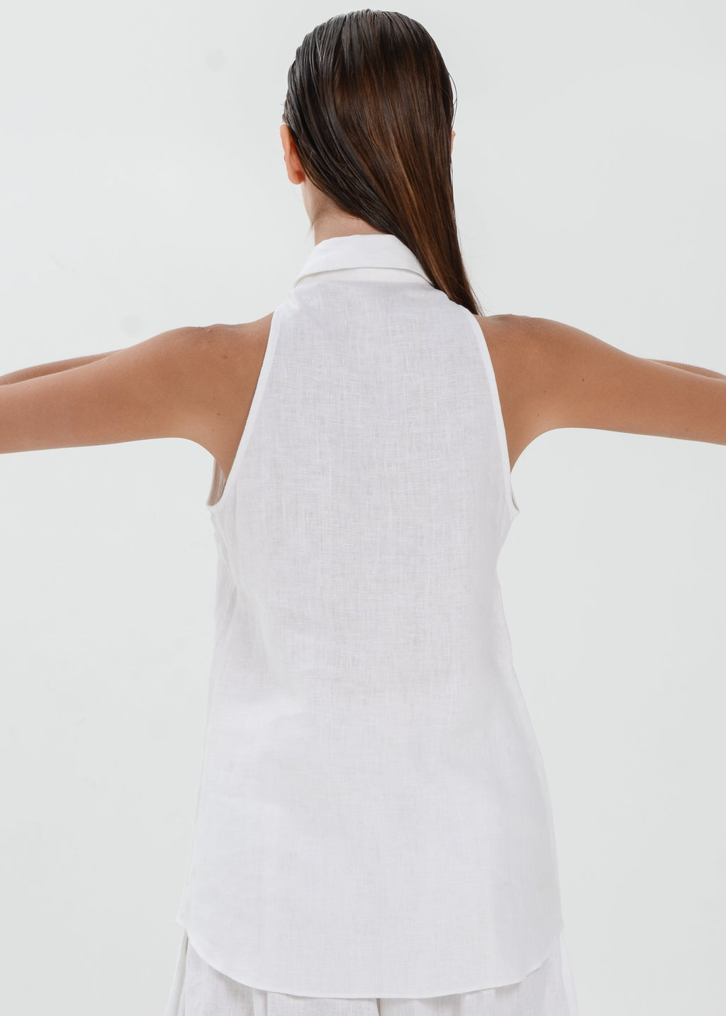 Deya Linen Top - Collared Blouse with Single Neck Button