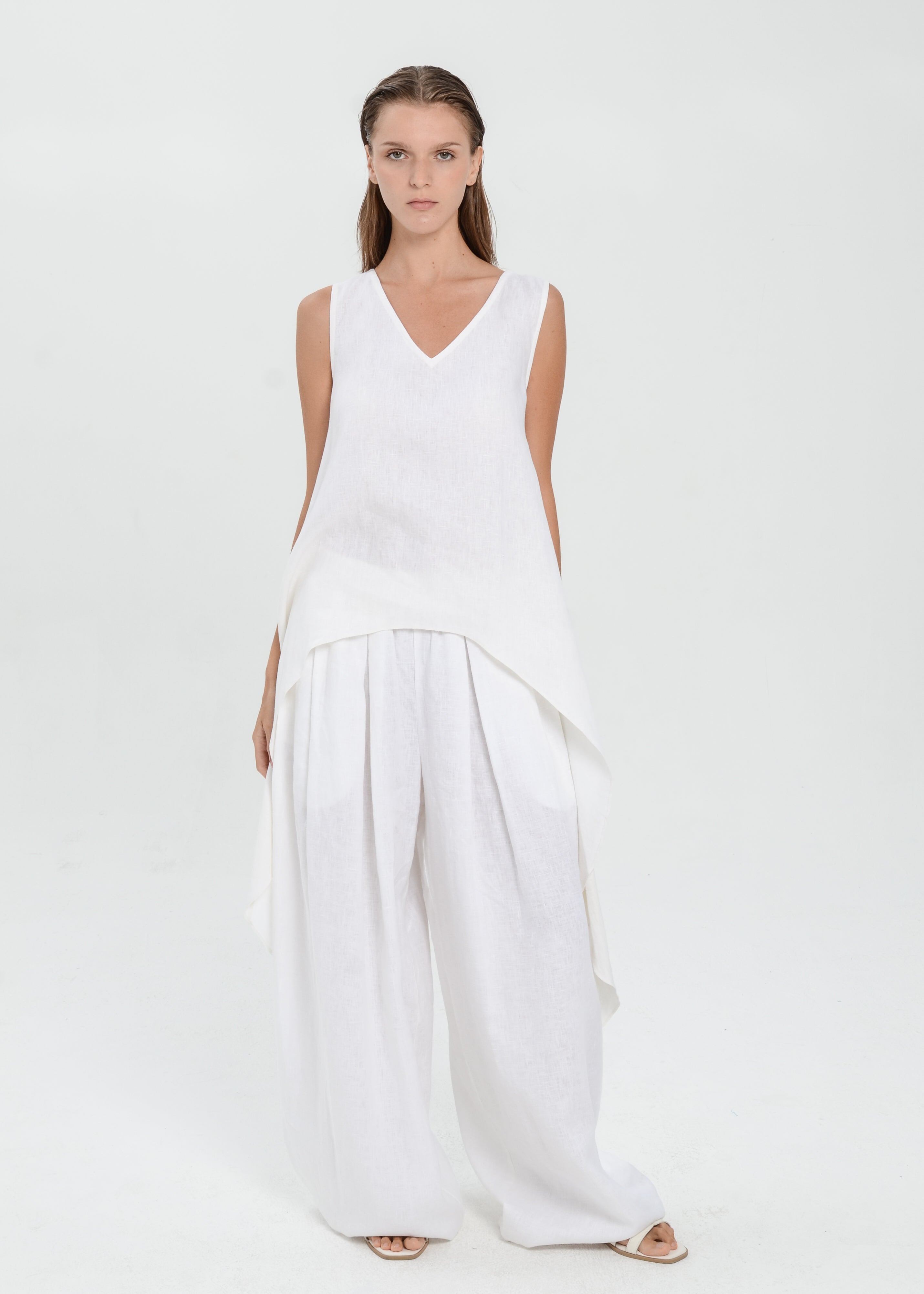 The Essence Linen Top - Hi-Low Dress Top with Split Double Layer Back