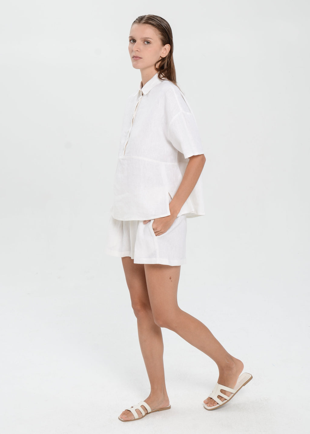 The Essence Linen Set - Collared Polo Blouse with Elastic Mini Short